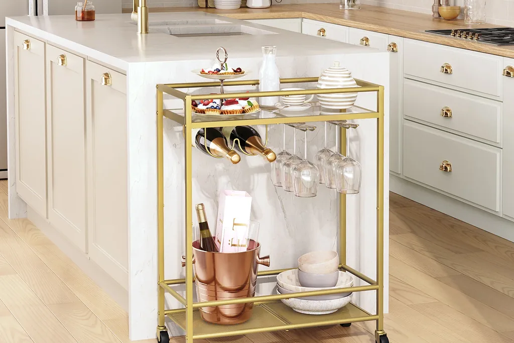 Gold bar cart with glassware and bottles beside a white kitchen island.