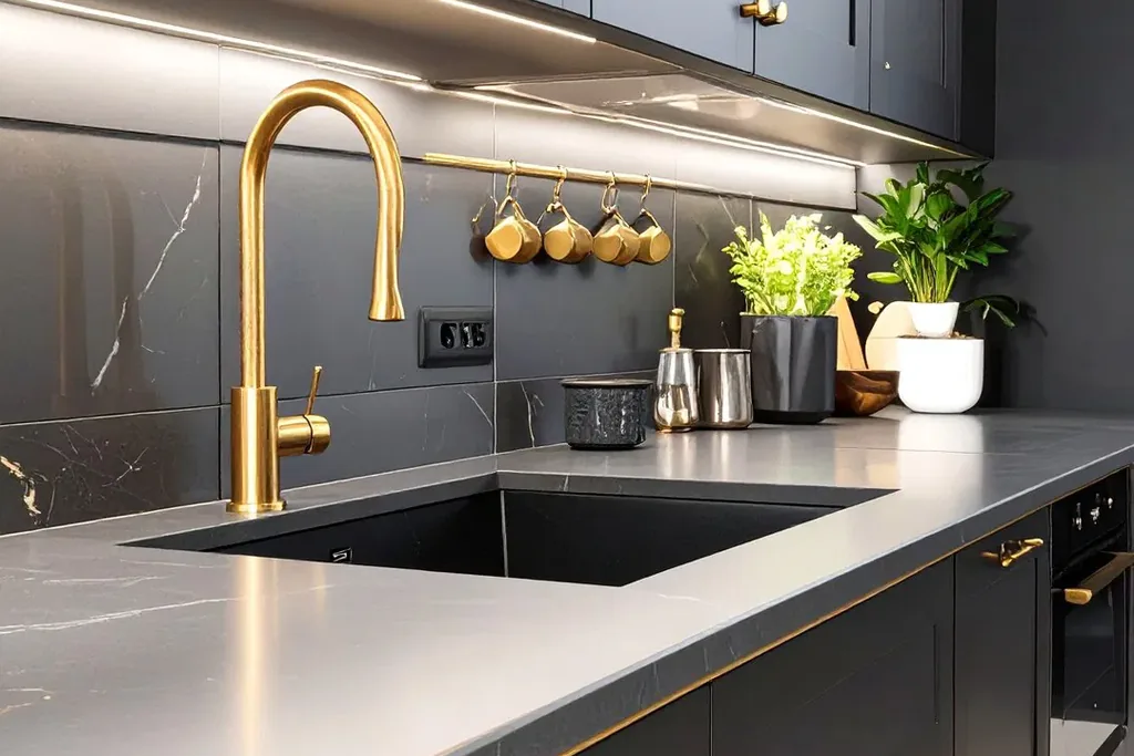 Gold gooseneck faucet over a black sink set in a light counter with black cabinets below.