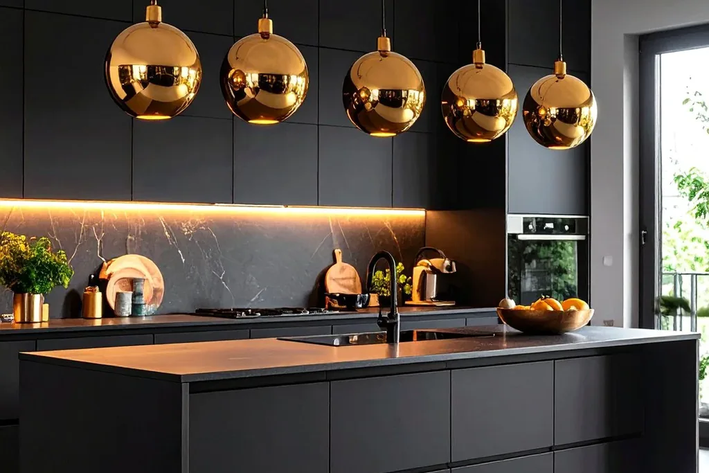 Row of round gold globe pendant lights hanging over a black kitchen island.