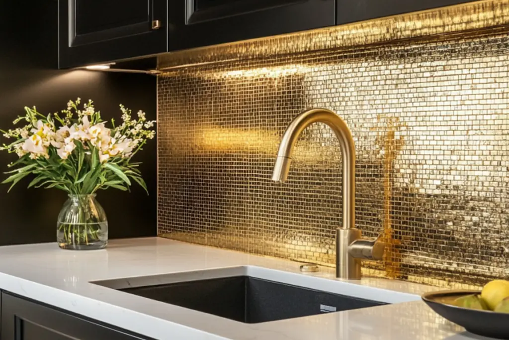 Black kitchen cabinets with a gold mosaic tile backsplash and a gold faucet.