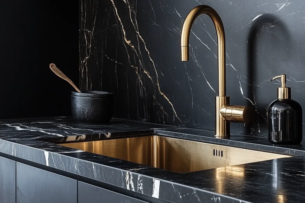 Gold sink and gold faucet set into a black marble counter with dark veining.
