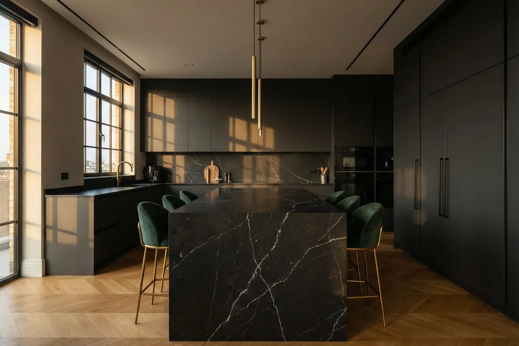 Dark kitchen with a black marble island and counter stools with gold legs.