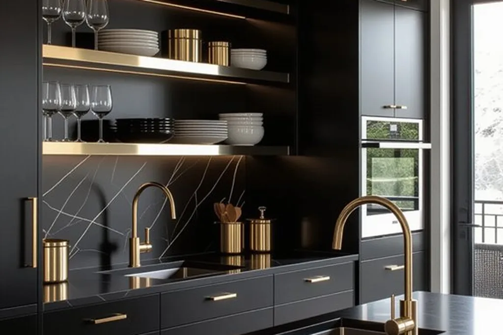 Black kitchen shelving lit from below, with gold brackets, glassware and a black dome pendant.