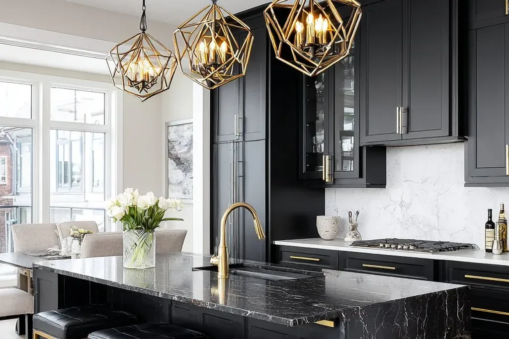 Black marble kitchen island with gold globe pendants and gold frame stools.