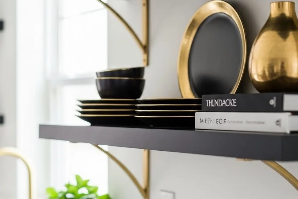 Black floating shelves on gold brackets holding black dishes, gold plates and a gold vase.