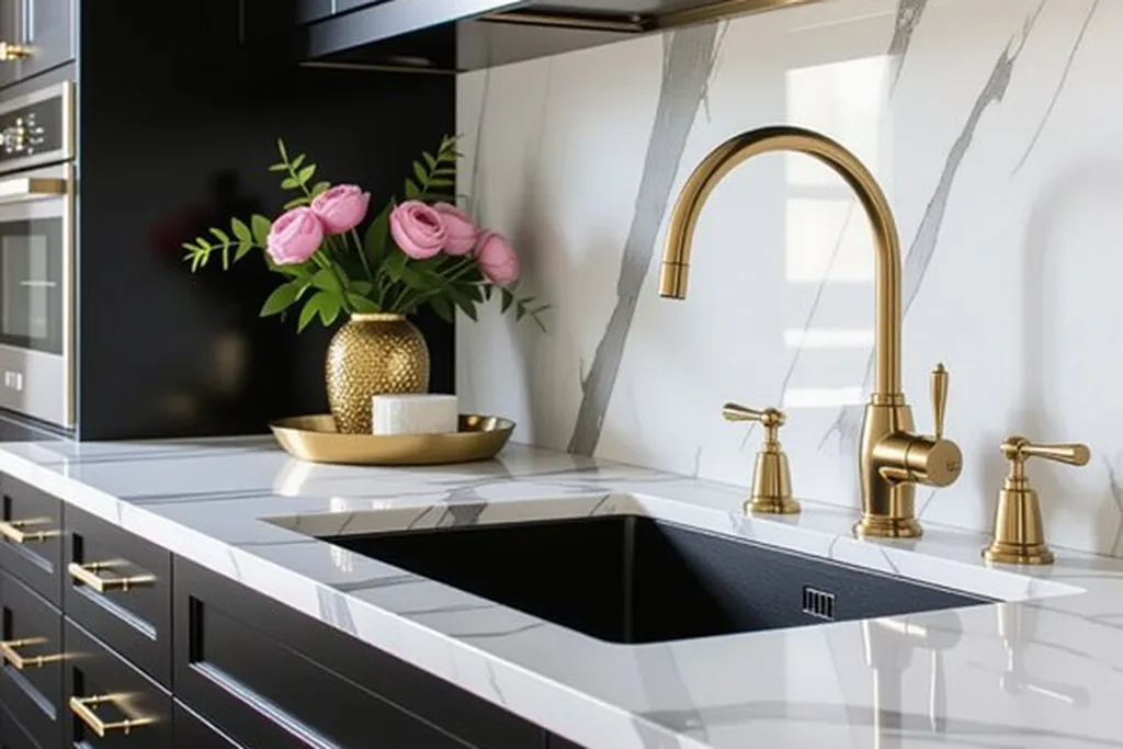 Black cabinets with white marble counters and backsplash, gold faucet and gold pulls.