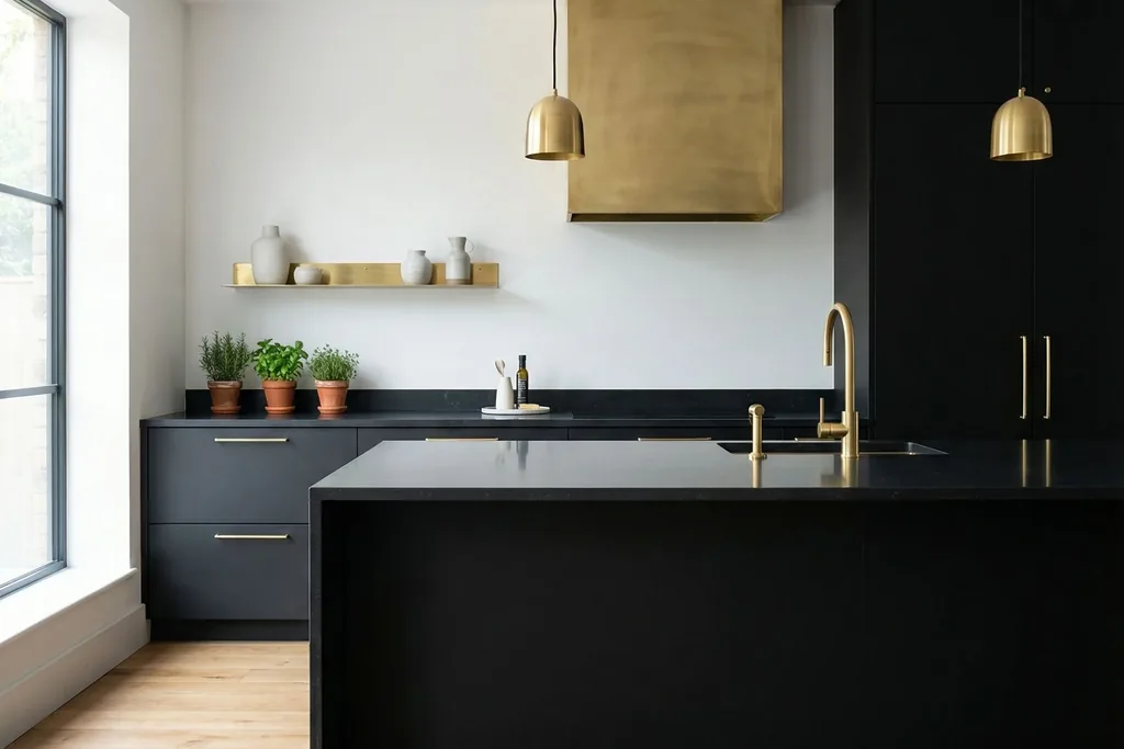 Black kitchen cabinets and island balanced by white walls, pale wood floors and gold pendant lights.