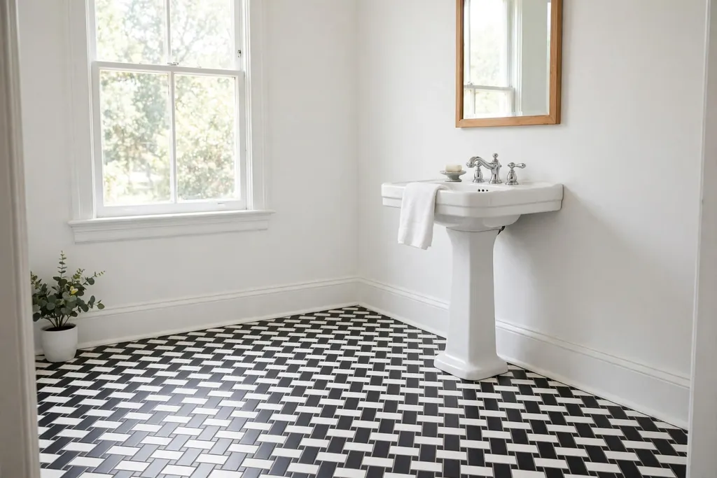 Black and white basketweave tile floor in a classic bathroom with a pedestal sink.