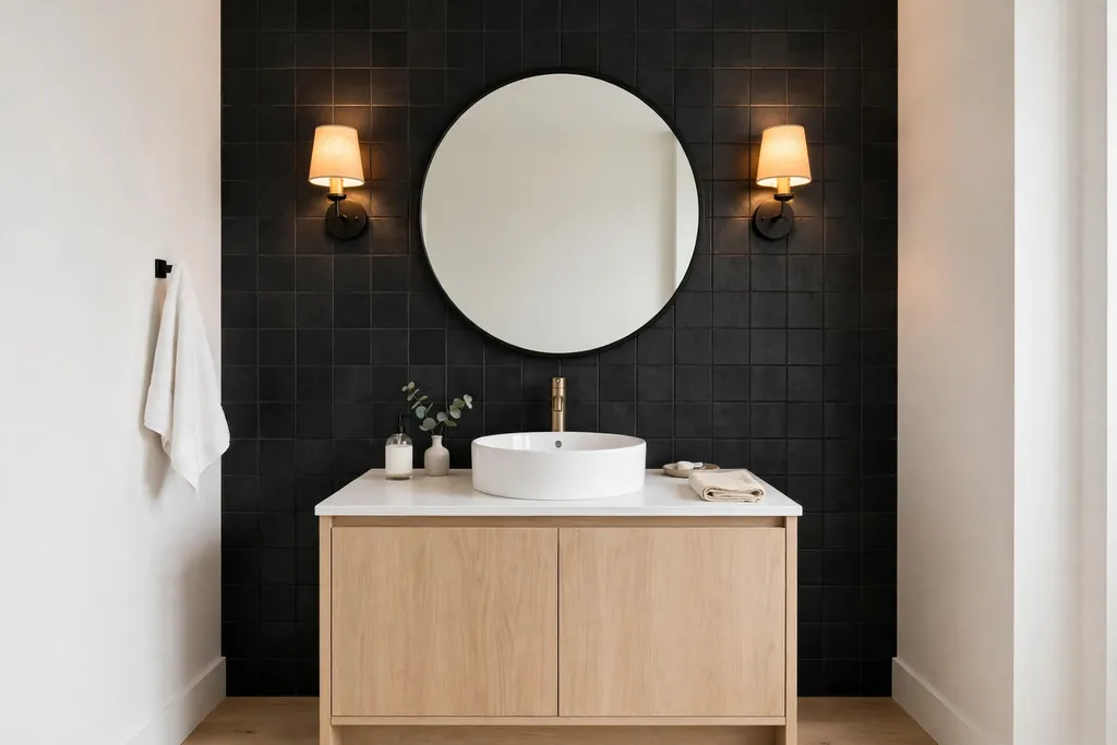 Matte black tiled wall behind a bathroom vanity with a round mirror and white basin.