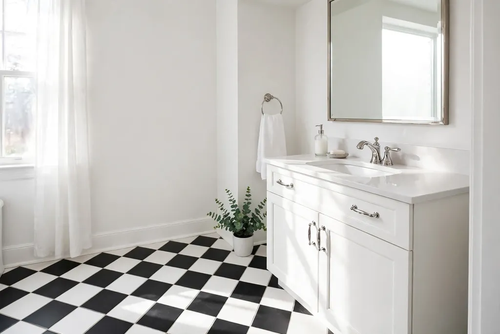 Bathroom floor in classic black and white checkerboard squares beside a white vanity.