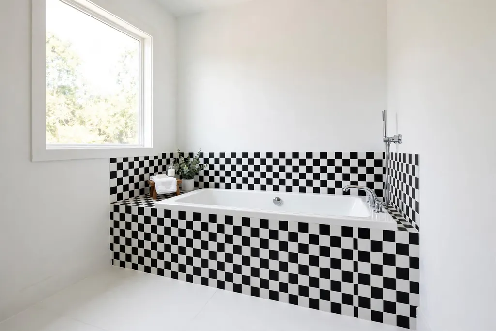 Bathtub surround tiled in black and white checkerboard with plain white walls.