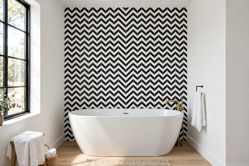 Bathroom accent wall in black and white chevron tiles behind a bathtub.