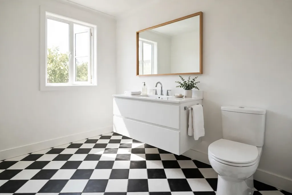 Black and white square tiles laid on the diagonal as diamonds on a bathroom floor.