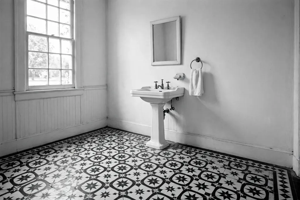 Black and white geometric patterned floor tiles in a vintage style bathroom.