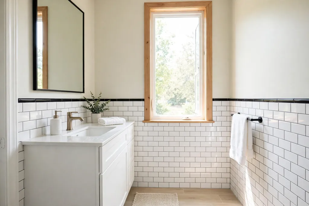 Half-wall white tile wainscot with a black trim cap and pale painted upper wall.