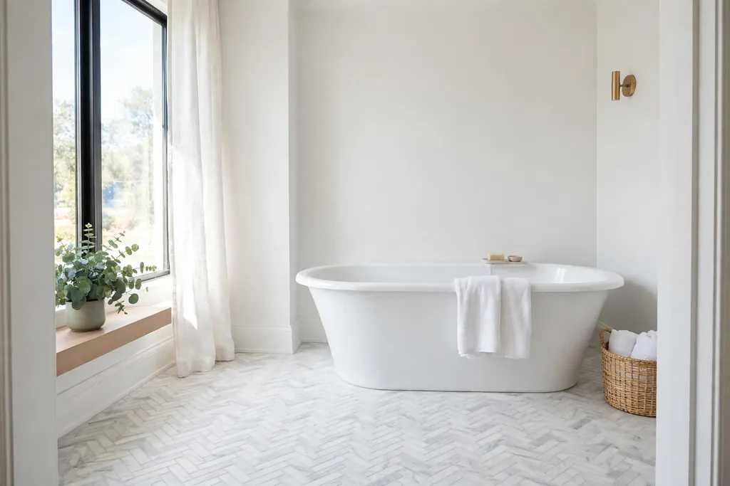 Marble-look herringbone bathroom floor with white walls and a freestanding tub.