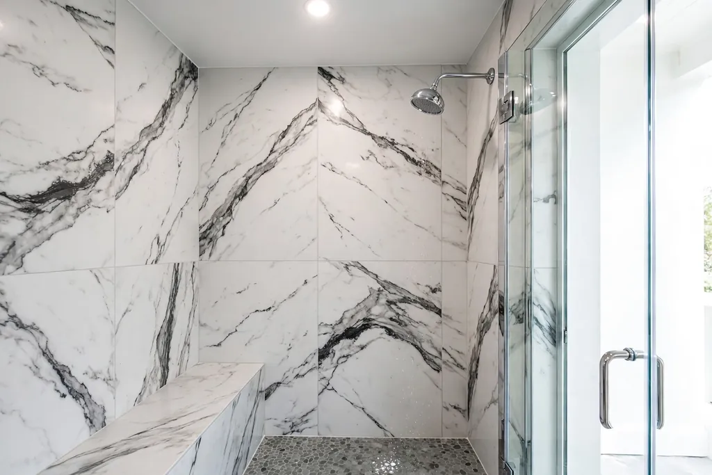 Large white wall tiles with grey and black marble veining in a shower.