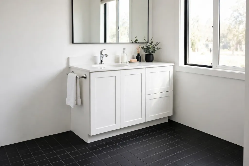 Matte black bathroom floor tiles with white walls and a white vanity.