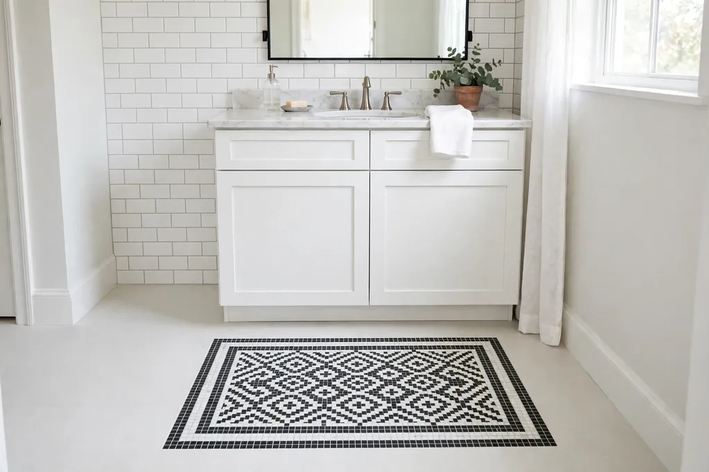 Rectangular black and white mosaic tile rug inlay in a bathroom floor in front of a vanity.