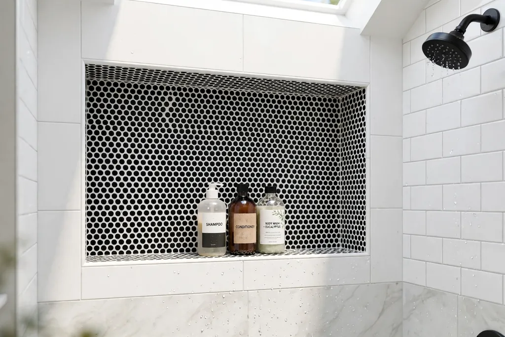 Shower niche lined with black and white penny round mosaic tiles holding bottles.