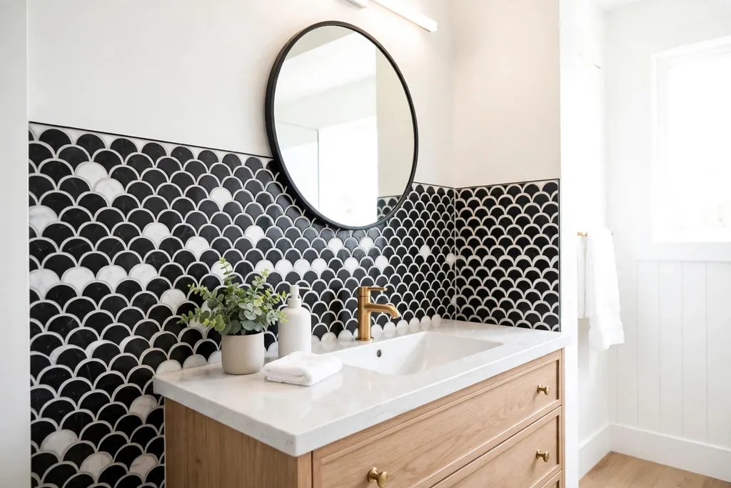 Black and white scallop mosaic tile backsplash behind a bathroom sink.