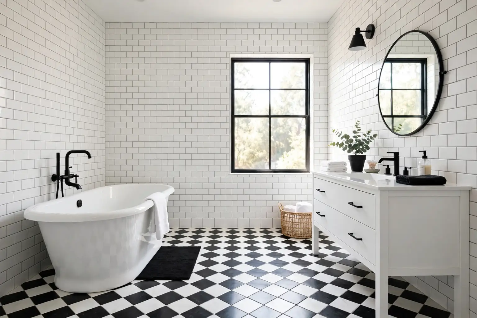 Bright bathroom with a black and white checkerboard floor