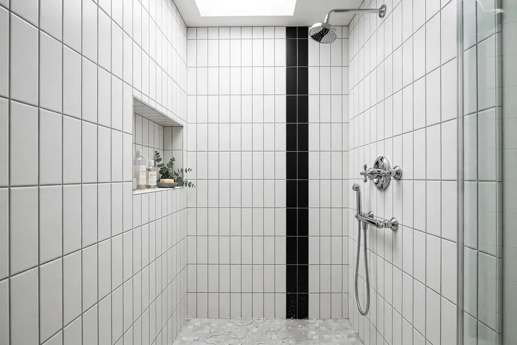 Shower walls in vertically stacked white subway tiles with a black tile stripe.