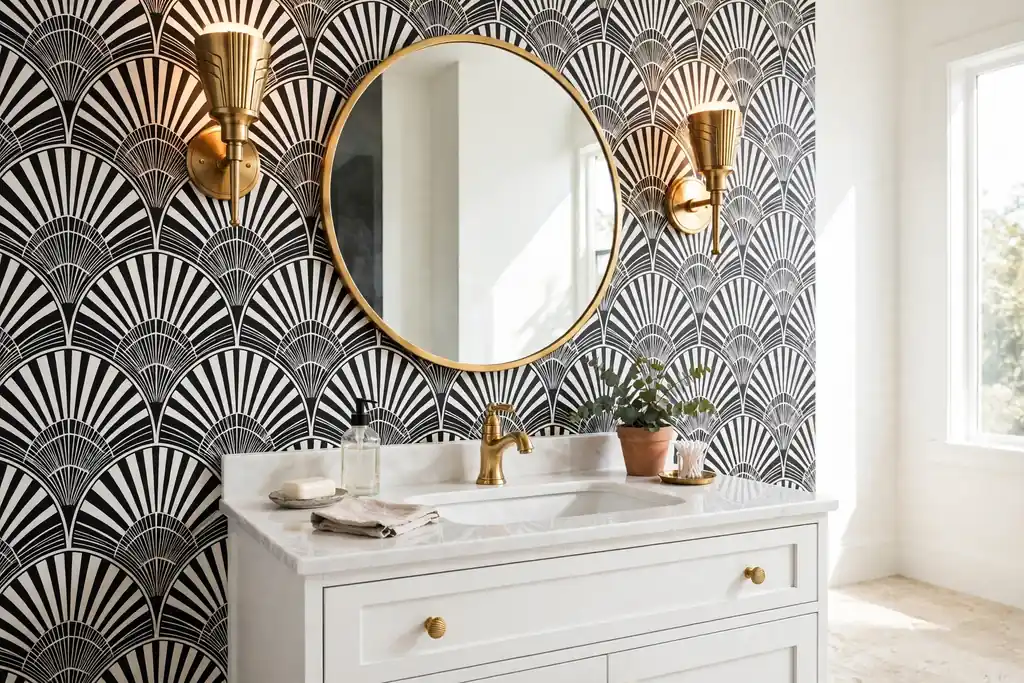 Bathroom vanity wall with black and white Art Deco fan wallpaper, round mirror, and brass sconces.