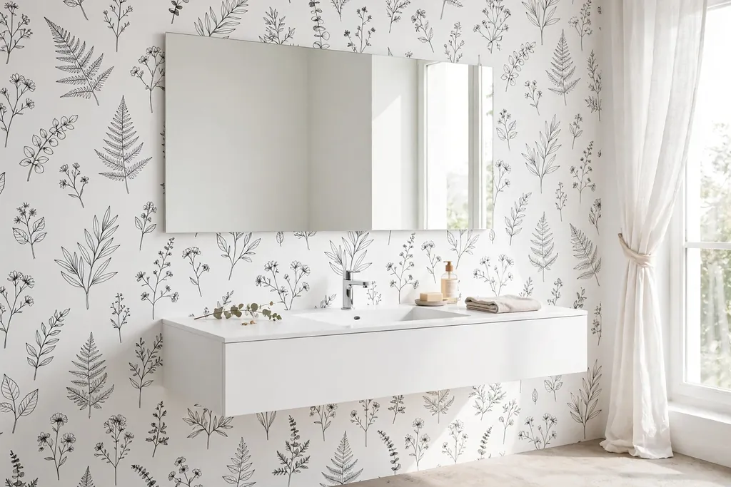 Minimal bathroom wall with fine black botanical line drawing wallpaper on white, floating vanity, and frameless mirror.