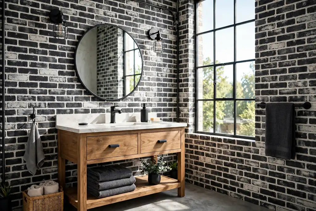 Industrial bathroom wall with black and white brick pattern wallpaper, wood vanity, and matte black fittings.