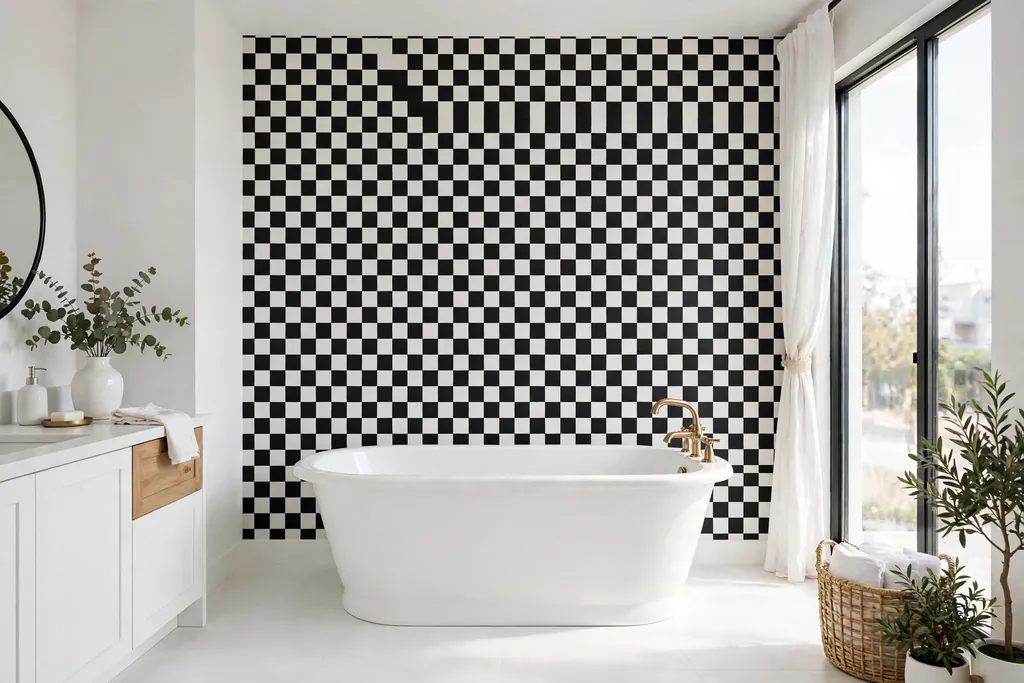 Bathroom accent wall with black and white checkerboard grid wallpaper behind a freestanding tub.