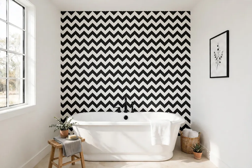 Bathroom wall behind a freestanding tub with black and white chevron zigzag wallpaper.