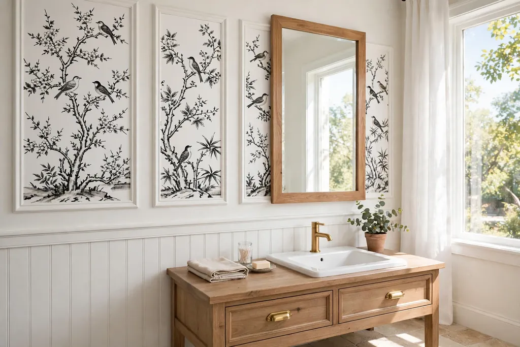 Bathroom wall with black ink chinoiserie birds and branches wallpaper panels, wood vanity, and white basin.