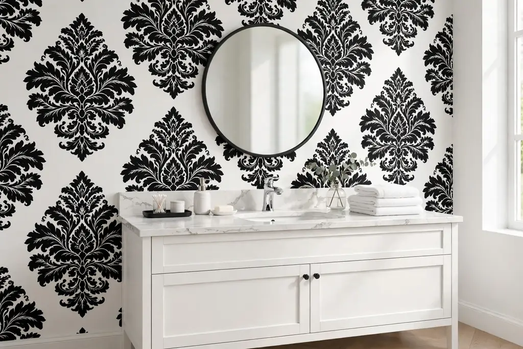Bathroom vanity wall with oversized black damask wallpaper on white, white vanity, and round mirror.