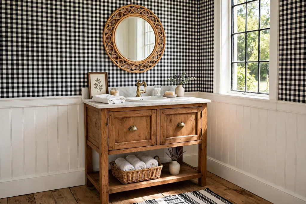 Country powder room with black and white gingham check wallpaper, wood vanity, and round mirror.