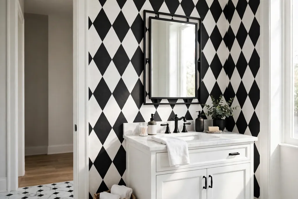Bathroom entry wall with black and white harlequin diamond wallpaper, white vanity, and black framed mirror.