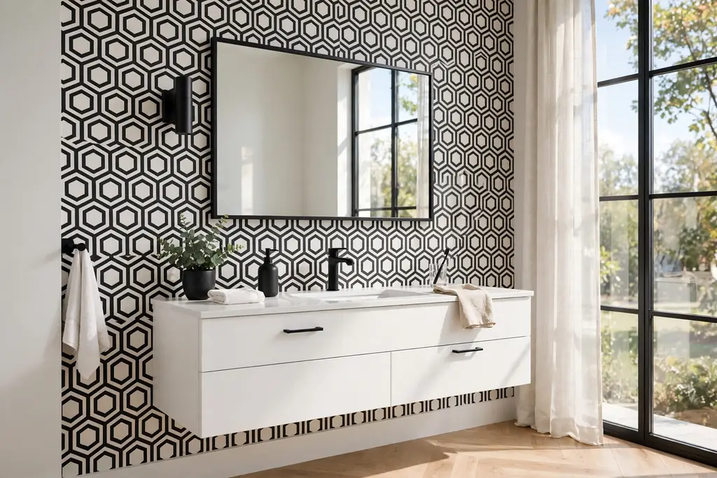 Modern bathroom wall with black and white hexagon geometric wallpaper, floating vanity, and matte black faucets.