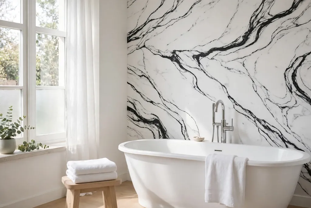 Calm bathroom wall with abstract black marble veining wallpaper on white beside a freestanding tub.