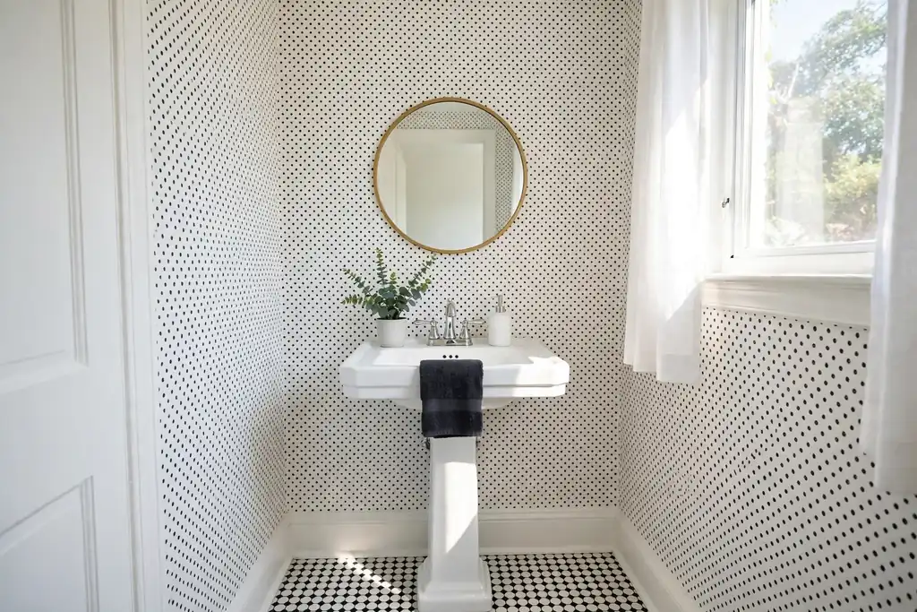 Small powder room with small black polka dot wallpaper on white, white pedestal sink, and round mirror.