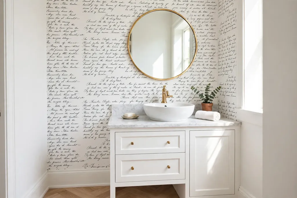 Small powder room wall with black script typography wallpaper on white, white vanity, and round mirror.