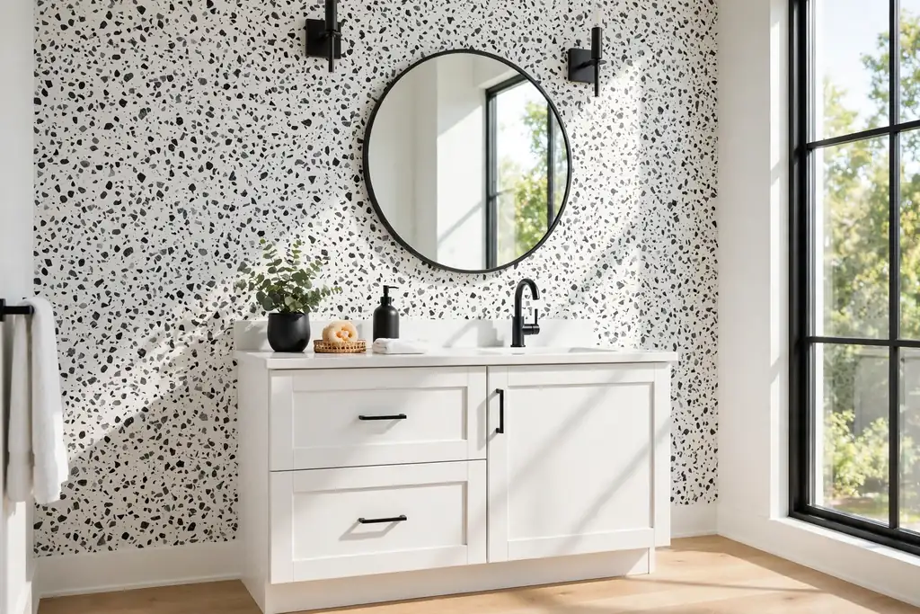 Modern bathroom wall with speckled black terrazzo dot wallpaper on white, white vanity, and black faucets.