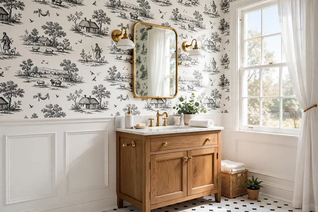 Traditional bathroom wall with black pastoral toile scene wallpaper on white, wood vanity, and brass fittings.