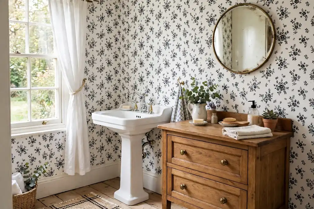 Cottage bathroom with small black vintage floral wallpaper on white, wood vanity, and pedestal sink.
