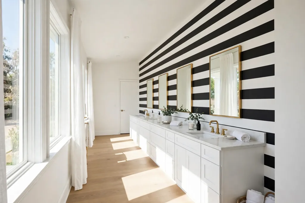 Long bathroom wall with wide horizontal black and white striped wallpaper behind a vanity.