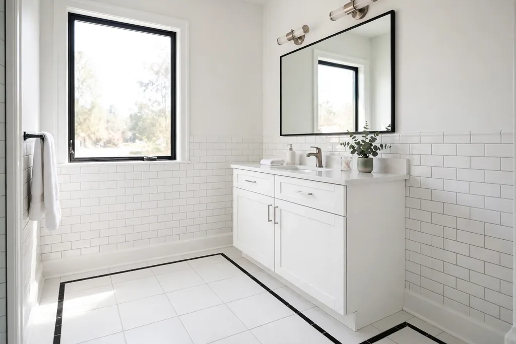 Large white bathroom floor tiles with a thin black inlay strip around the edge.