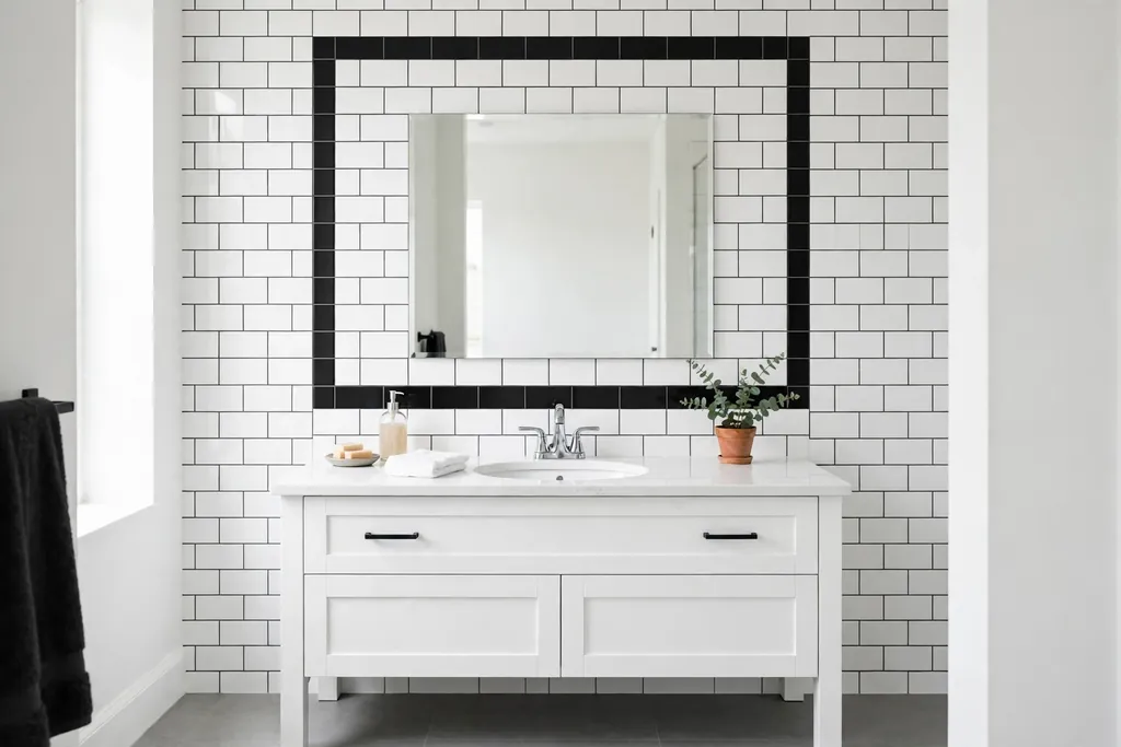 White wall tiles framed by a single row of black border tiles around a bathroom mirror.