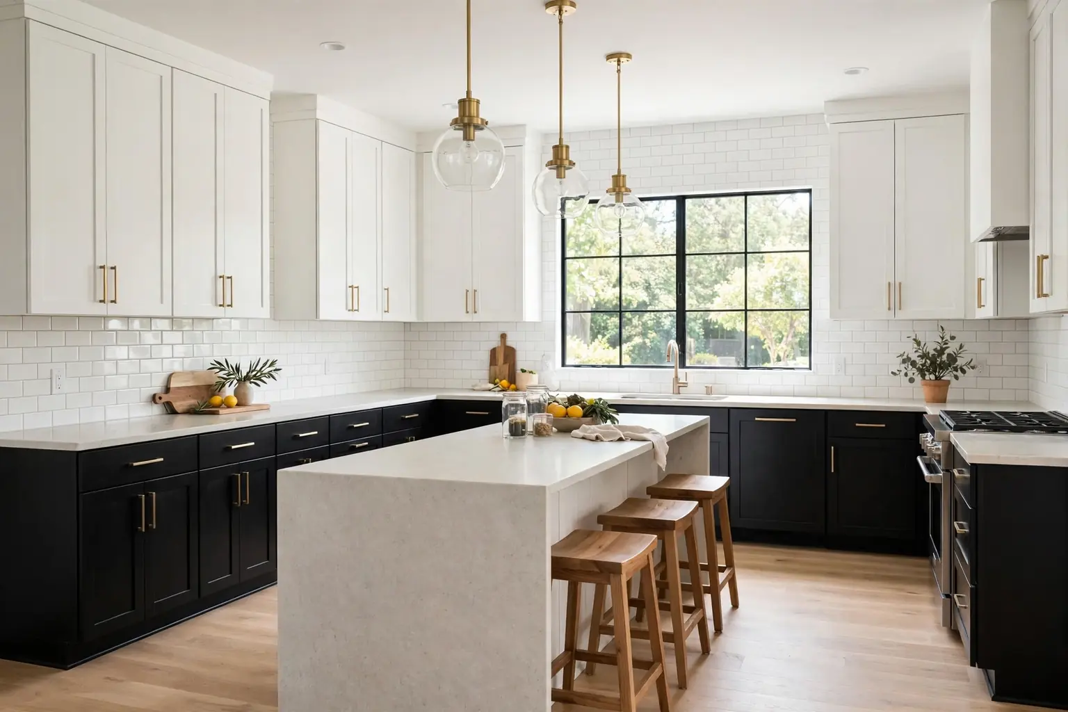 Wide bright kitchen with black lower cabinets and white upper cabinets, pale counters, and wood stools at an island.