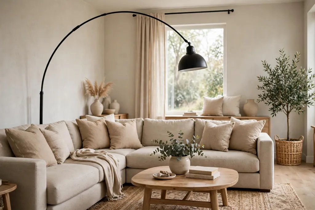 Black arch floor lamp curving over a beige seating group.