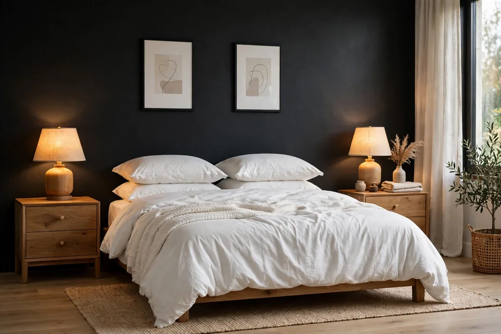 Bedroom with a matte black accent wall behind a bed with white bedding.