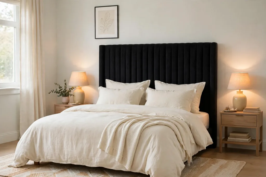 Bed with a black upholstered headboard and cream bedding.